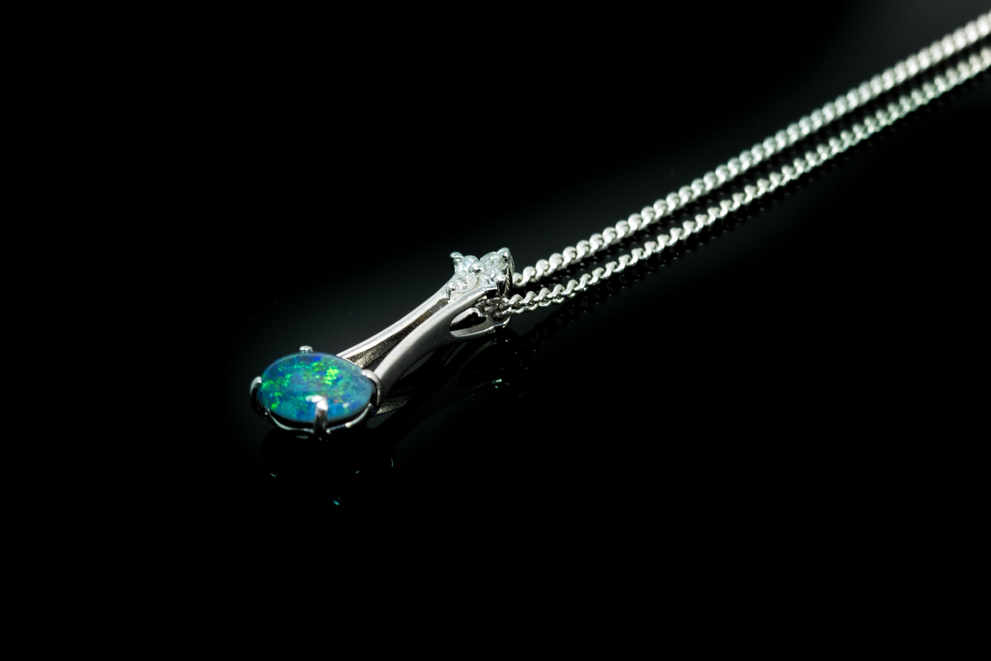 Australia Triplet Opal Necklace - Blue Green Fire Opal Necklace - Genuine Australian Triplet Opal - Sterling Silver White Gold Plated