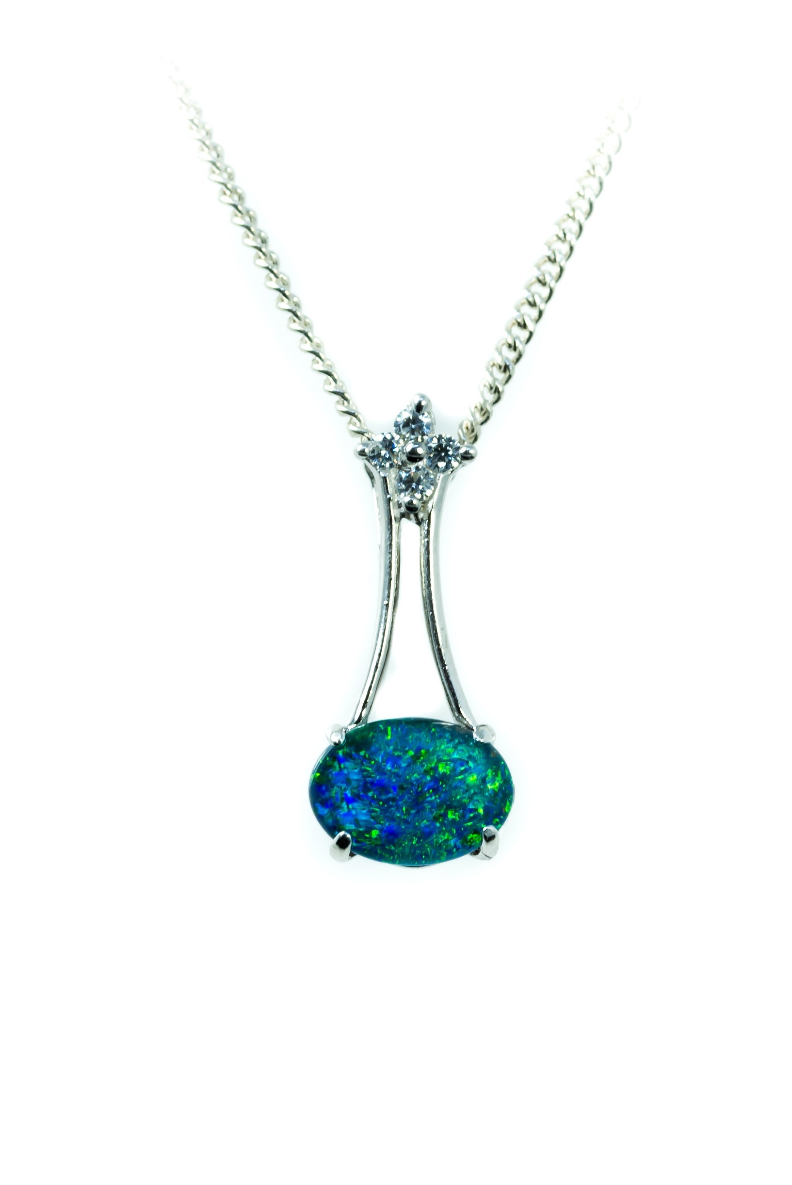Australia Triplet Opal Necklace - Blue Green Fire Opal Necklace - Genuine Australian Triplet Opal - Sterling Silver White Gold Plated