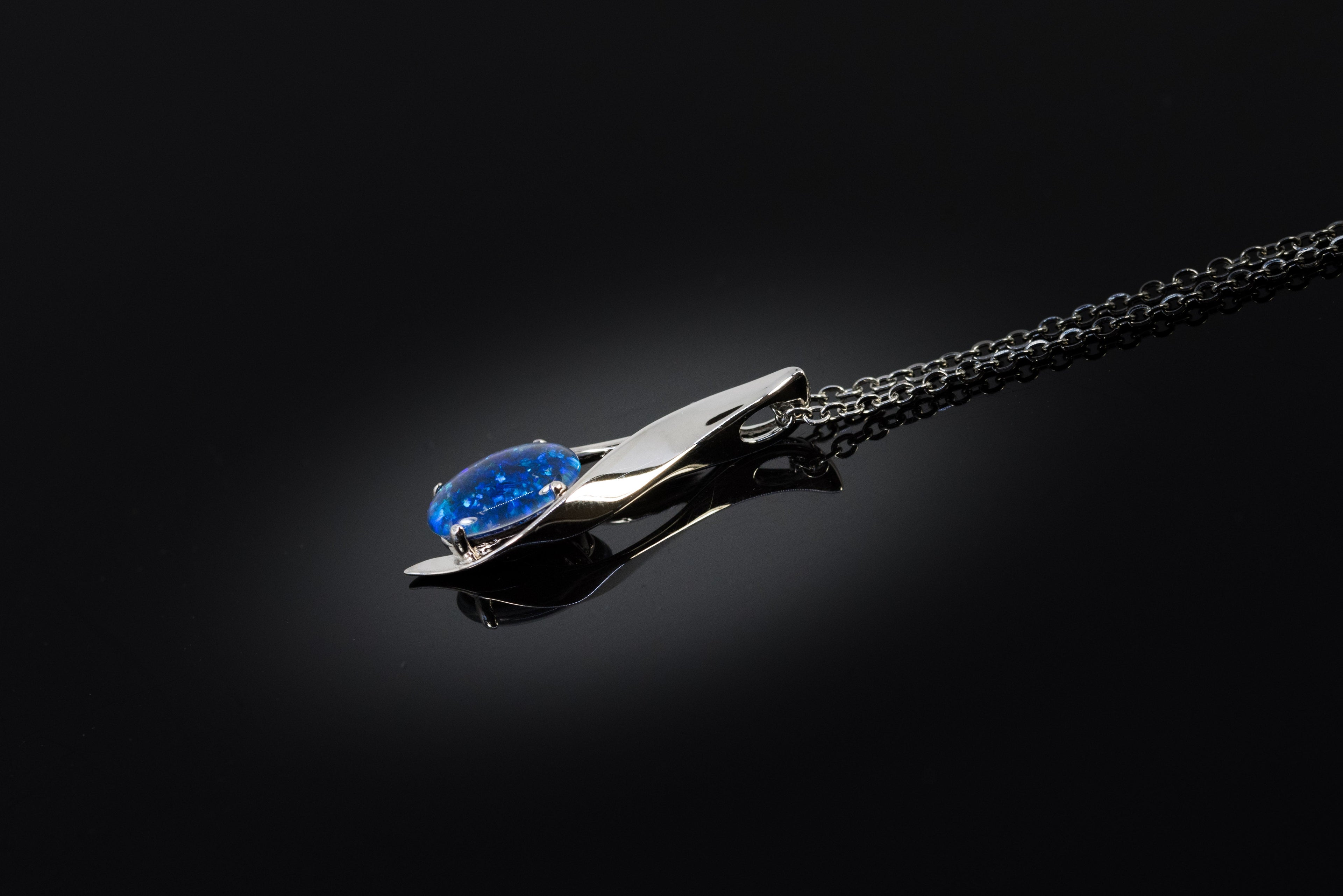 Australian Black Opal Triplet in Ocean Blue Color - Genuine Australian Triplet Opal Necklace Pendant - Elegant Design - White Gold Plated on Sterling Silver Women's Jewelry