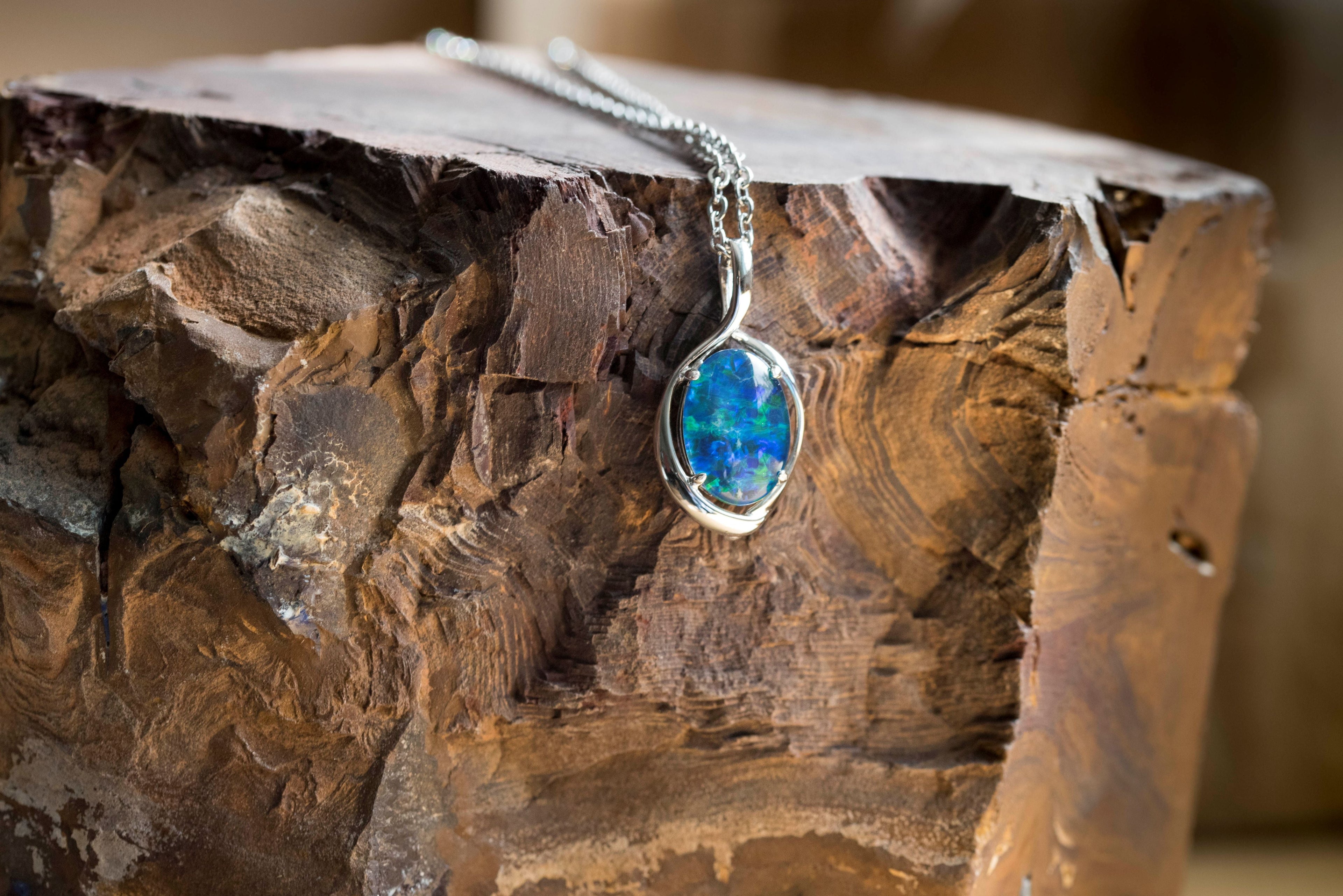 Australian Black Opal Triplet 14x10 mm - Large Genuine Australian Triplet Opal Necklace Pendant - White Gold Plated on Sterling Silver - Blue Green Color