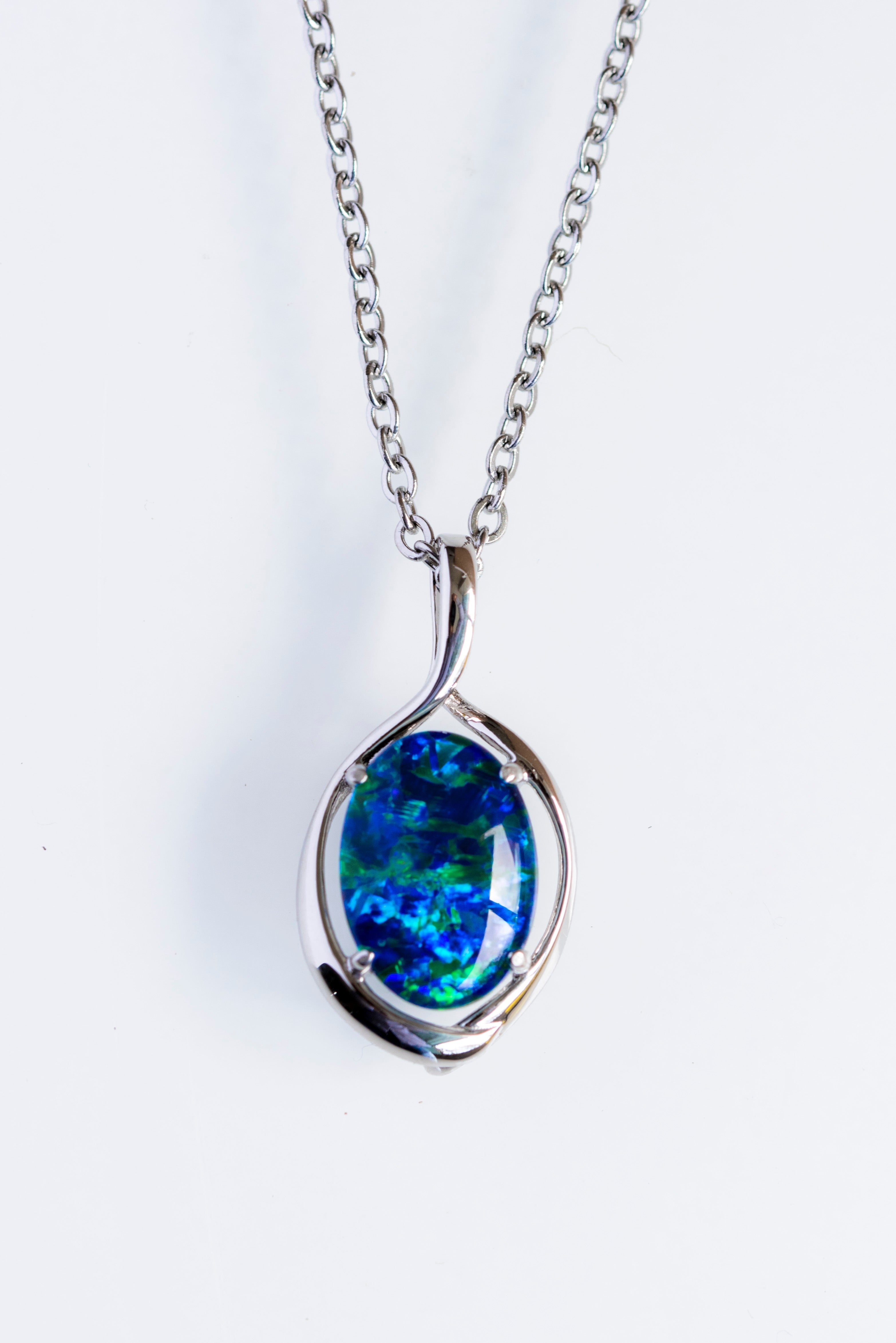 Australian Black Opal Triplet 14x10 mm - Large Genuine Australian Triplet Opal Necklace Pendant - White Gold Plated on Sterling Silver - Blue Green Color
