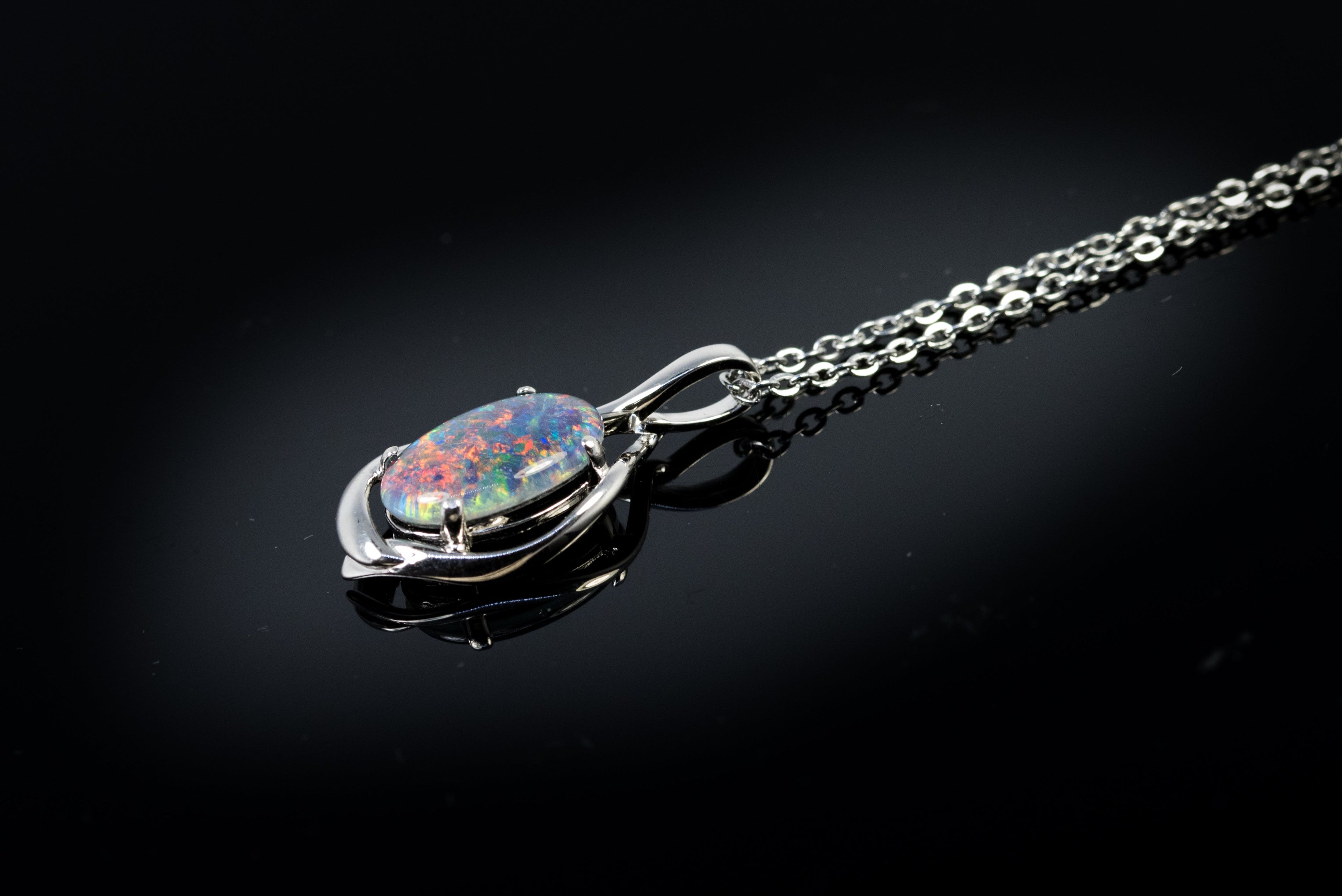 Australian Black Opal Triplet 14x10 mm - Large Genuine Australian Triplet Opal Necklace Pendant - White Gold Plated on Sterling Silver - Multi Color