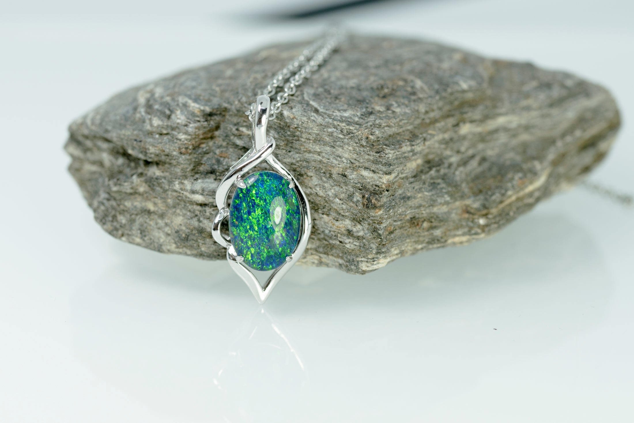 Australia Opal - Fire Opal Necklace - Simple Design - Green Blue Genuine Australian Triplet Opal Pendant Sterling Silver White Gold Plated