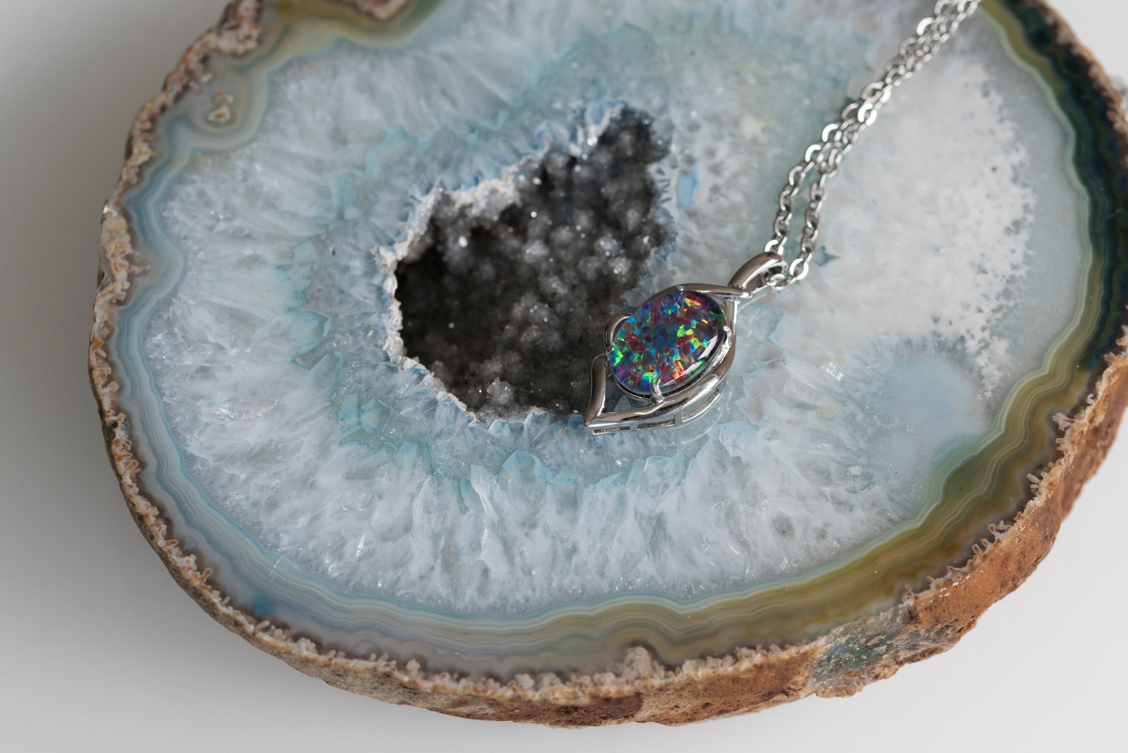 Australian Black Opal Triplet - Genuine 14X10mm Australian Triplet Opal Stone Necklace Pendant - Multi Color - White Gold Plated on Sterling Silver Women's Jewelry
