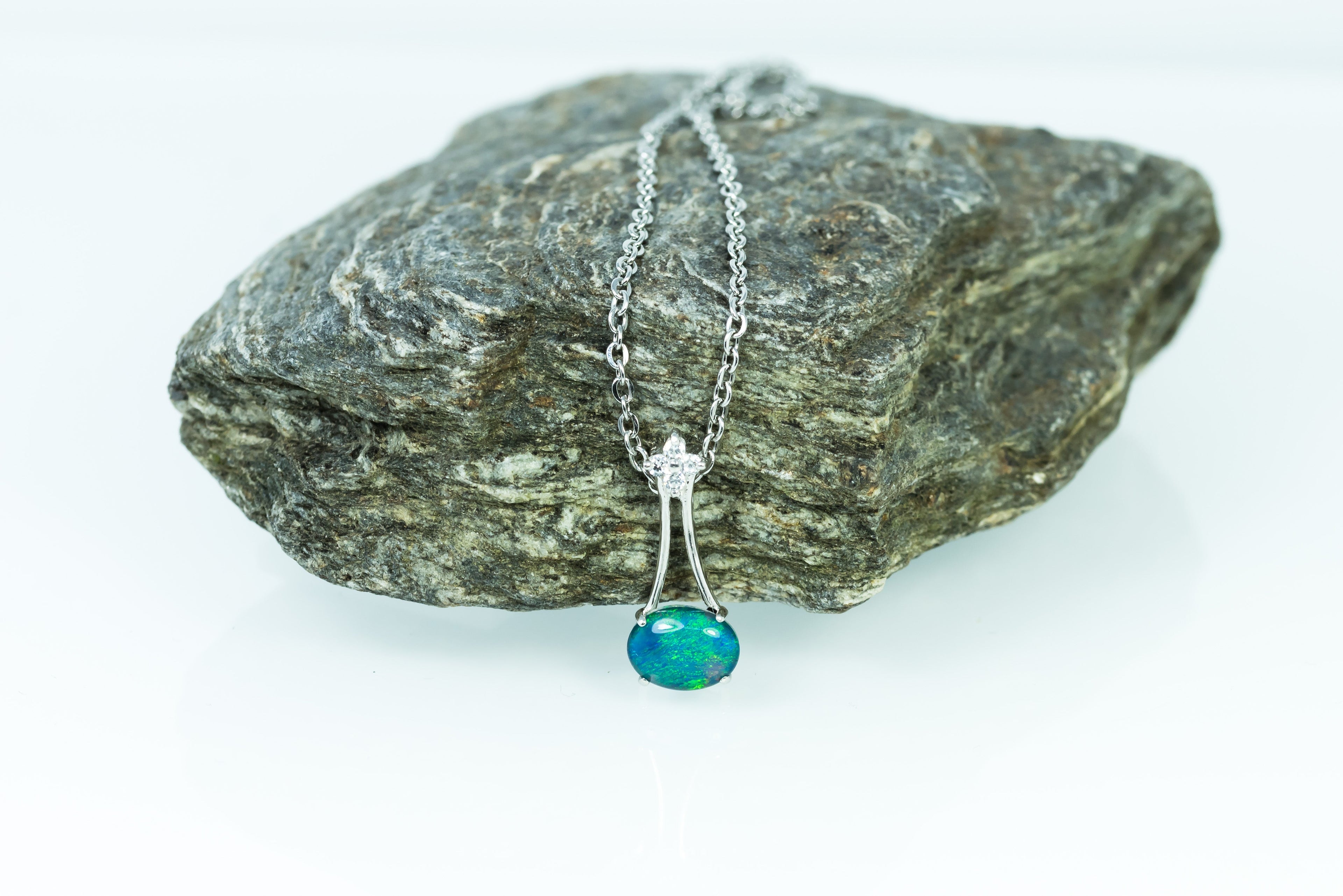 Australia Triplet Opal Necklace - Blue Green Fire Opal Necklace - Genuine Australian Triplet Opal - Sterling Silver White Gold Plated